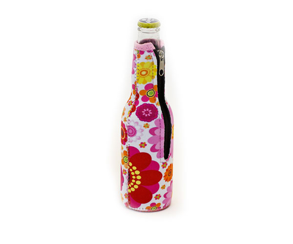 Neoprene Beer Bottle Jacket with Zipper - Flower Power